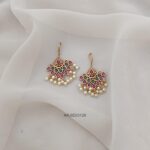 Floral Ruby and Green Pearl Hook Drop Earrings
