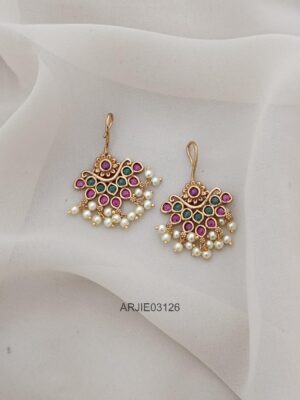 Floral Ruby and Green Pearl Hook Drop Earrings