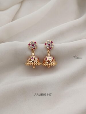 Ruby and White Stone Screw Back Jhumkas