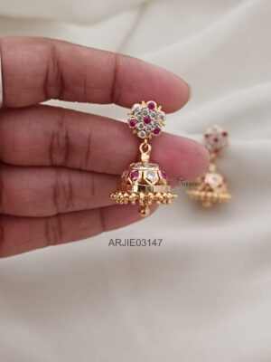 Ruby and White Stone Screw Back Jhumkas